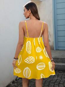 SHEIN VCAY 女士迷你梭织印花吊带裙 - 黃色 - 查看 2