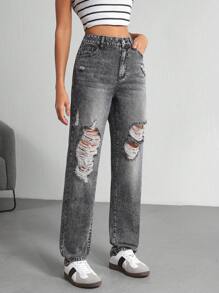 SHEIN Tall Women's Distressed Denim Shorts, Fashionable For Summer - Grey - View 4