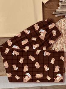 SHEIN Leap Crew 女童可爱水豚和卡通心形蝴蝶结印花休闲简约短袖 T 恤和裤子家居服，适合夏季 - 彩色 - 查看 5