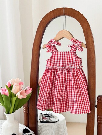 SHEIN LMoss Kids Babygirl Cute Summer Vacation Red-And-White Plaid Camisole Dress