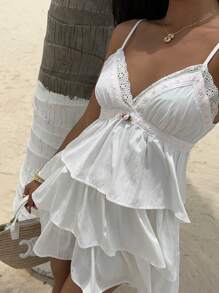 Lyxana 女式度假海滩休闲花卉荷叶边装饰多层下摆吊带迷你连衣裙 - 白色 - 查看 1