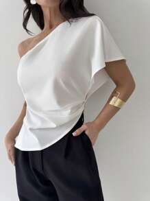 Firerie 女士春夏休闲优雅办公及婚礼宾客着装，不对称下摆纹理单肩收腰上衣，毕业典礼、教师节、返校季等场合皆宜。 - 白色 - 查看 6