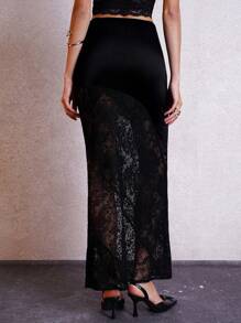 SHEIN Clasi Black Satin Splice Lace Mermaid Hem Skirt Party Skirt Graduation Skirt