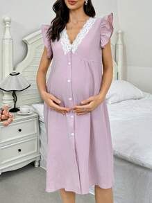 SHEIN Camicia da notte lunga da donna casual, con scollo a V in pizzo, monopetto, con volant, ampia, adatta alla gravidanza