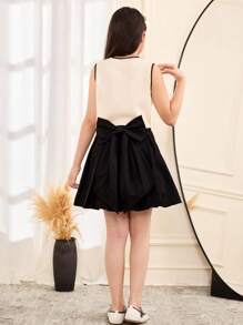 SHEIN Tween Girls Black Pleated Skirt With Oversized Bow Back Design, Casual