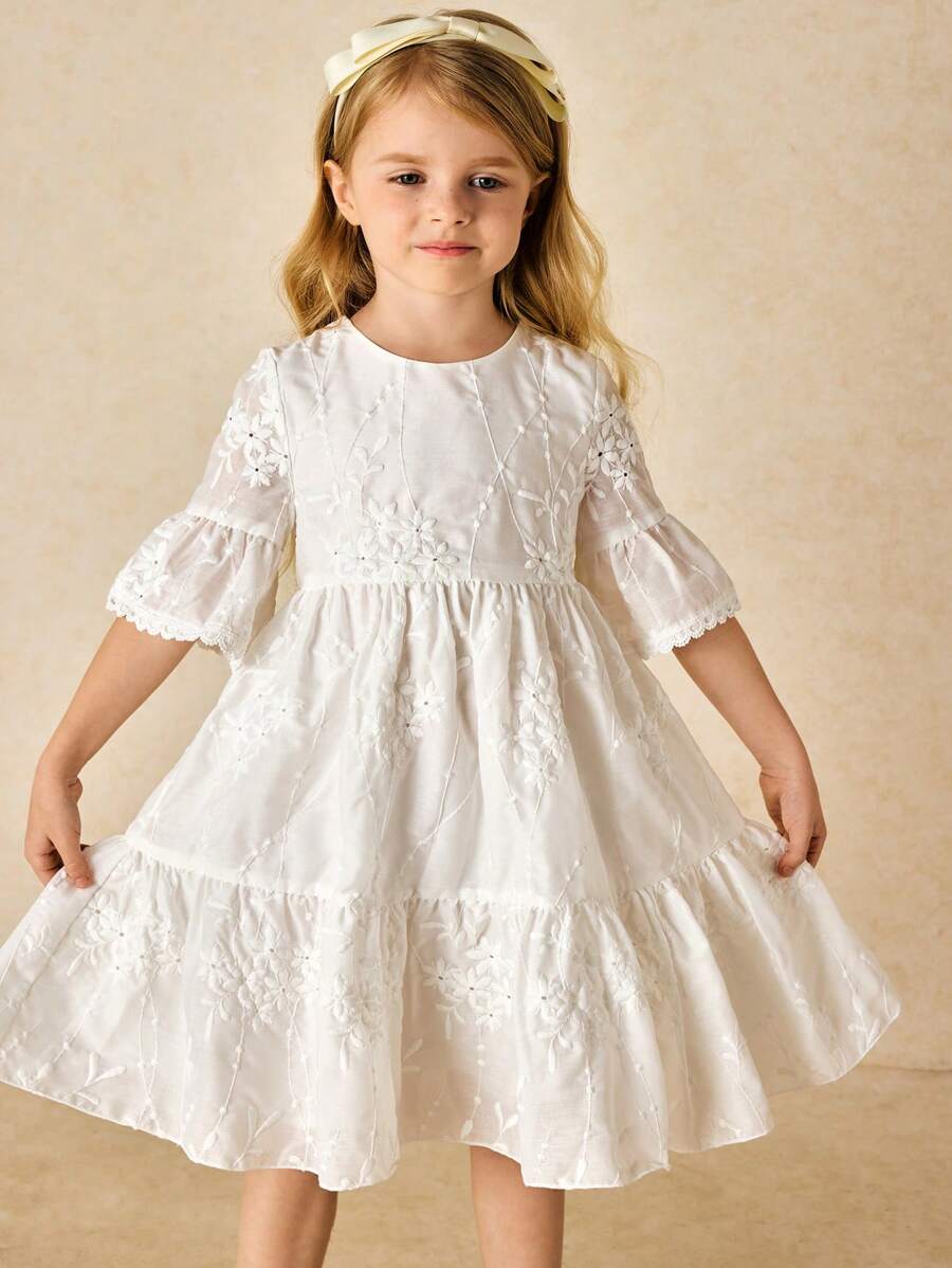 SHEIN Elegante abito ricamato color albicocca per ragazze giovani