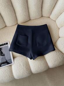 Airaco Quần short đi làm xếp ly màu trơn đơn giản cho nữ - Màu xanh hải quân - Xem 2