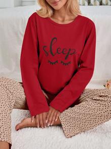 SHEIN Cottnline 100%纯棉两件套眼睛和心形印花睡衣套装 - 紅色 - 查看 3