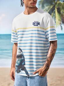Shark Week X SHEIN Men's Casual Striped Shark Print Round Neck Short Sleeve T-Shirt, Summer - Multicolor - View 6