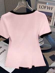 GlowEve Women's Knit Mixed Short Sleeve Casual Metal Button Sequin Bowknot Fitted T-Shirt, Round Neck, Summer Vacation (Random Pattern) - Pink - View 2