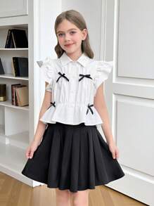 SHEIN Tween Girls' Cute Summer School Back-To-School Black And White 2 Pieces Set,Woven Cap Sleeve Bow Ruffle Trim White Blouse And Black Pleated Skirt - Black and White - View 5
