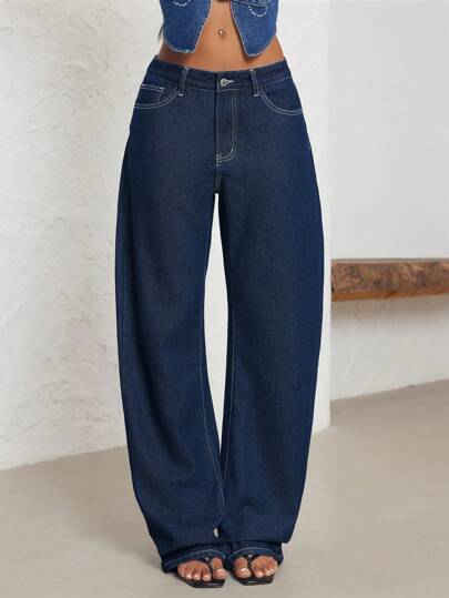 SHEIN ICON 女式中腰休闲口袋水洗原色喇叭牛仔裤