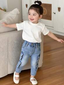 Denim Baby Mädchen Mode persönlich angepasste vielseitige Lässig College Stil Hose mit elastischem Bund, gewaschene Denim Cargohose mit Mehrfachtaschen - Mittele Waschung - Übersicht 1