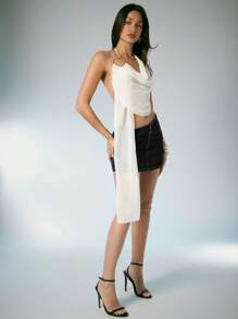 Denimoi 春夏性感露背链条装饰低胸无袖短款外出上衣，音乐节，海滩，链条上衣，露背上衣，性感上衣，时尚，夏季上衣，度假上衣，度假，演唱会，俱乐部，雪纺上衣，伊比沙岛 - 杏色 - 查看 5