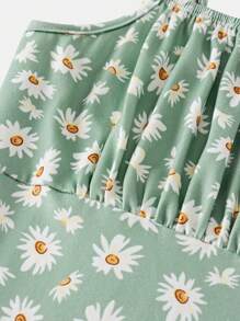 SHEIN Girlism 女童碎花针织休闲吊带背心开衩连衣裙 - 青碧色 - 查看 4