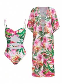 Swim Oasis 2pcs Oasis Style Print Layered Twist Strap Bikini Swimsuit Set For Summer Beach Vacation - Brown - View 1