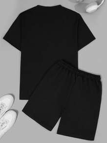 RueChic Men Drawstring Waist Pocket Basketball Printed Regular T-Shirt & Short Set - Black - View 3