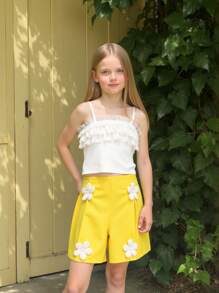 2pcs Casual Cute Girl Set With Multi-Layer Ruffle Lace And 3D Flower Shorts, Ins Style - Multicolor - View 1