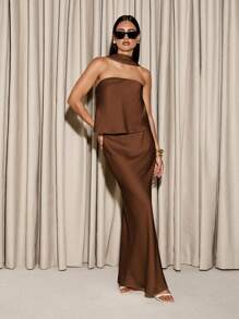 AiiRZ Strapless Bardot Top With Scarf & Maxi Skirt SET