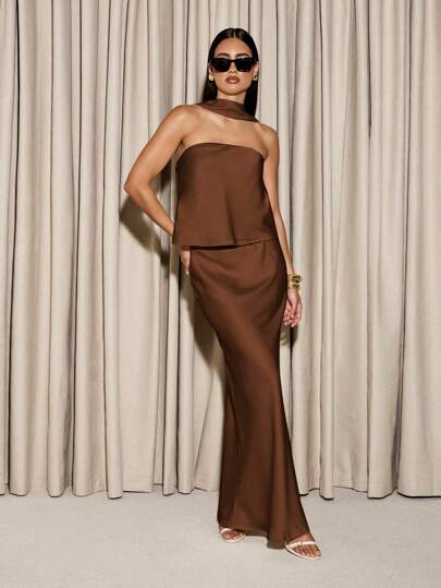 AiiRZ Strapless Bardot Top With Scarf & Maxi Skirt SET