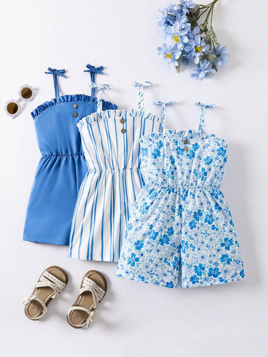 SHEIN Elladie kids Bộ đồ liền thân buộc dây phía trước họa tiết sọc + hoa cho bé gái - Màu xanh lam - Xem 1