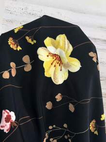 EMERY ROSE Elegant Floral Print Loose Fit Short Sleeve Open Front Shirt, Suitable For Commuting - Black - View 4