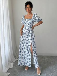 Elenzga Vestido maxi de verano para mujer con cuello cuadrado elegante, estampado floral y mangas abultadas con abertura lateral