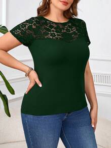 SHEIN Clasi 加大码优雅圆领撞色蕾丝T恤、夏季上衣、女式夏季衬衫 - 墨綠色 - 查看 5