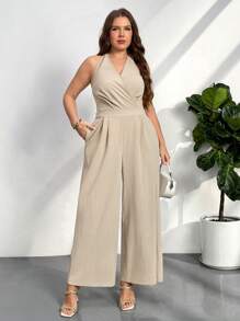 Firerie 大码女式露背卡其色法式度假宽松连体裤，适合度假旅行、休闲职场装 - 卡其色 - 查看 1