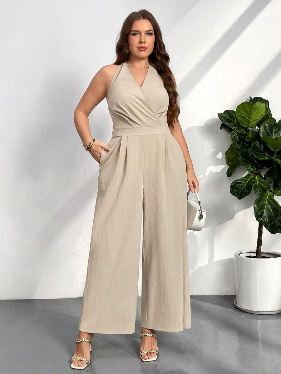 Firerie 大码女式露背卡其色法式度假宽松连体裤，适合度假旅行、休闲职场装 - 卡其色 - 查看 1