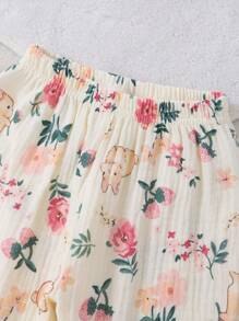 2件套幼儿女童兔子和花卉印花休闲宽松长裤和长袖睡衣套装 - 彩色 - 查看 4