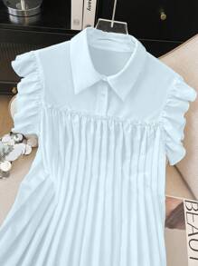 Franclia Elegant French Style White Chiffon Blouse With Ruffled Collar - Baby Blue - View 4