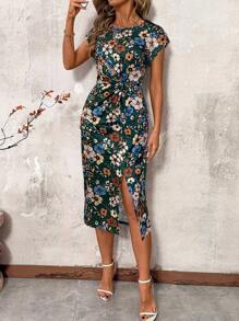 SHEIN Clasi Waist Twist Knot Open Slit Round Neck Dress For Women