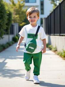 SHEIN 3pcs Set Young Boy Graphics Knit T-Shirt And Shorts With Bag - Multicolor - View 1