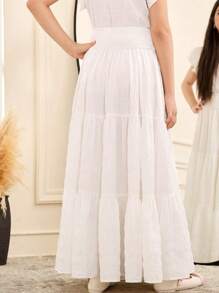 SHEIN Tween Girls' White Layered Ruffled Maxi Skirt, Casual Holiday Wear - White - View 2