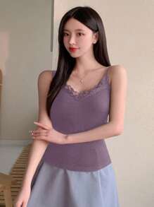 DAZY Women's Casual Solid Color Lace Trim Cami Strap Top, Summer