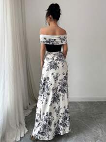 Rafferiza 女士浪漫露肩花卉印花拼接修身长裙，春夏 - 彩色 - 查看 2