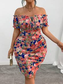 Celure Plus Size Elegant Floral Print Spaghetti Strap Bodycon Dress, Summer - Multicolor - View 4
