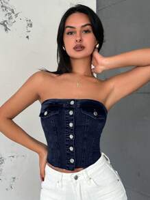 RueChic Medium Wash Denim With Pockets, Summer Style - Dark Wash - View 6