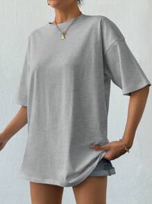 EURMUSE 女式夏季休闲口号图案圆领短袖超大T恤 - 淺灰色 - 查看 7