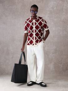 SUMWON Crochet Pattern Short Sleeve Knit Polo Shirt Relaxed Fit Designer Golf Tennis Business Casual Summer Spring Textured Diamond Modern - Red and White - View 1