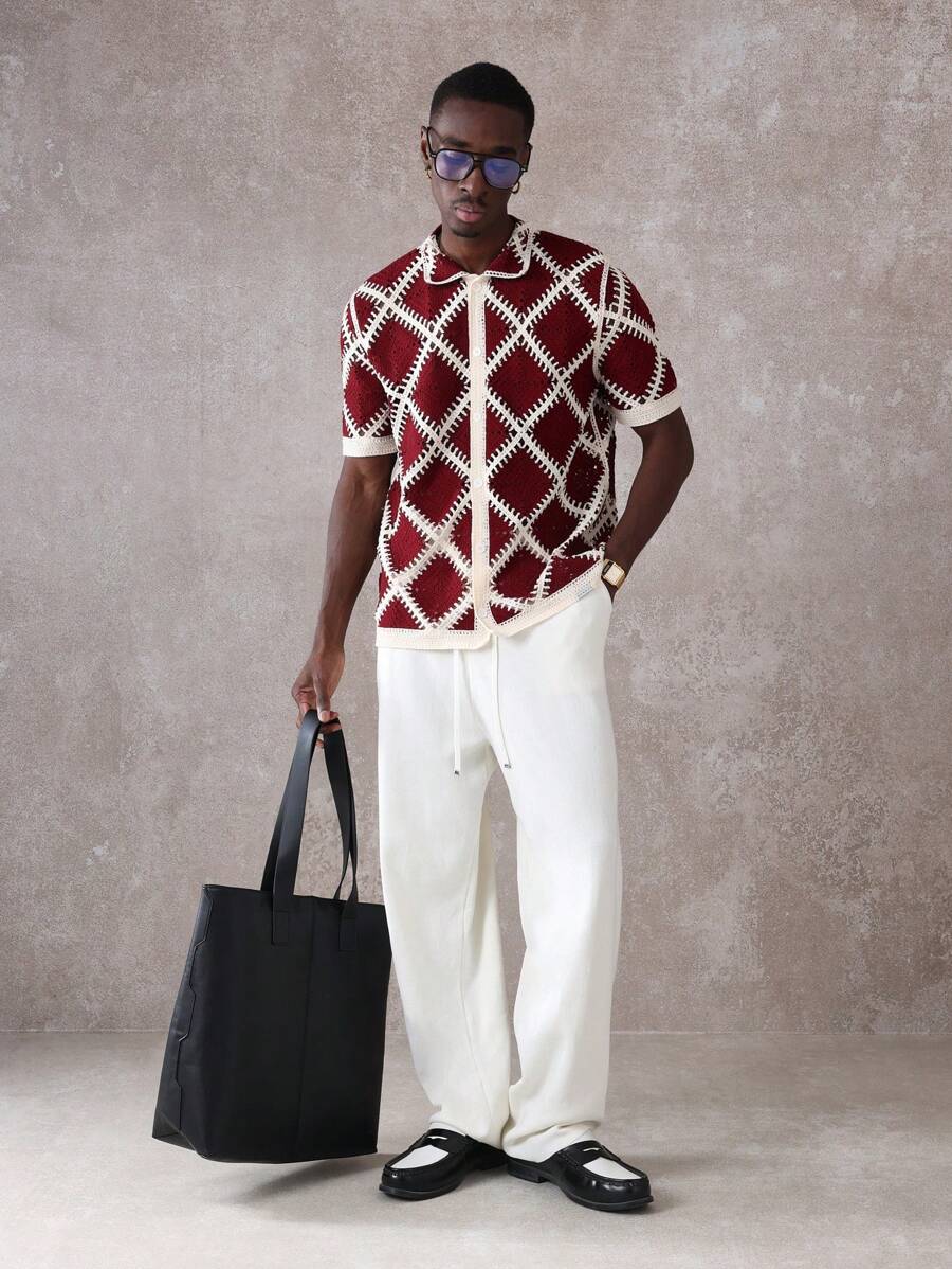 SUMWON Crochet Pattern Short Sleeve Knit Polo Shirt Relaxed Fit Designer Golf Tennis Business Casual Summer Spring Textured Diamond Modern - Red and White - View 1