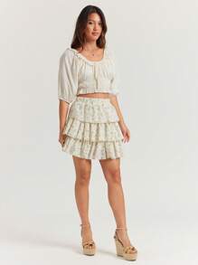 WESTFADE Spring Summer Vacation Floral Printed Eyelet Tiered Ruffle Mini Skirt Western Wear Women - Green - View 3