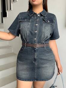 Dazy Plus Washed Retro Wrap Denim Girl's Short Sleeve Mini Dress, Summer - Medium Wash - View 6