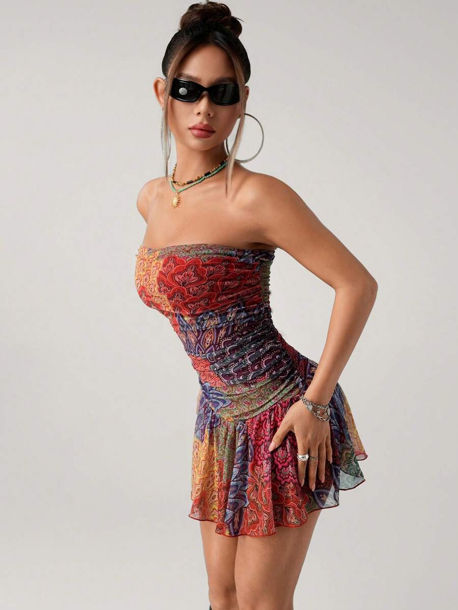 SHEIN ICON 女士性感撞色印花抹胸迷你连衣裙，夏季 - 彩色 - 查看 1