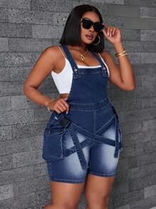 SHEIN SXY Plus Size Women Elastic Skinny Overalls Shorts Crossover Buckle Cargo Design Vintage Washed Skinny Denim Bib Pants Autumn Outfits For Women Festival Outfits Cowgirl Outfits For Women Overall Club Outfits Women Sexy Jumpsuit - Dark Wash - View 5