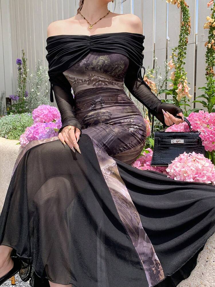 Women's Fall Sexy Fitted Mesh Patchwork Fish Tail Vintage Oil Painting Off Shoulder Twist Knot Beach Dress Long Sleeve Dress Luxury Prom Dress