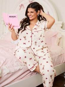 SweetSlumber Conjunto de pijama talla grande con estampado de conejo con moño, arrugado y holgado