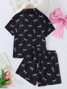2pcs Preteen Girls' Bow Print Short Sleeve Cardigan And Shorts Casual Pajamas Set - Black - View 2