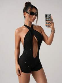 SHEIN ICON Women's Shiny Criss-Cross Backless Hollow Out Romper